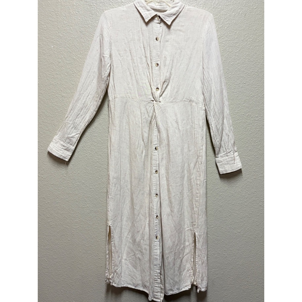 Sim & Sam Women Beige Linen Blend Twist Front Midi Shirt Dress Size M